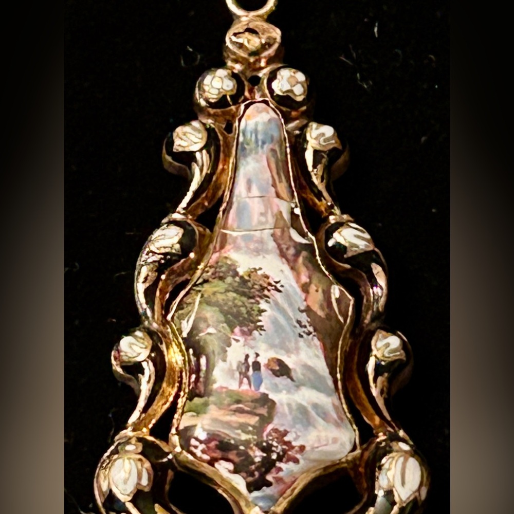 Vintage IBERIA Chain Necklace bead Embellishments Hand-painted Framed Scene